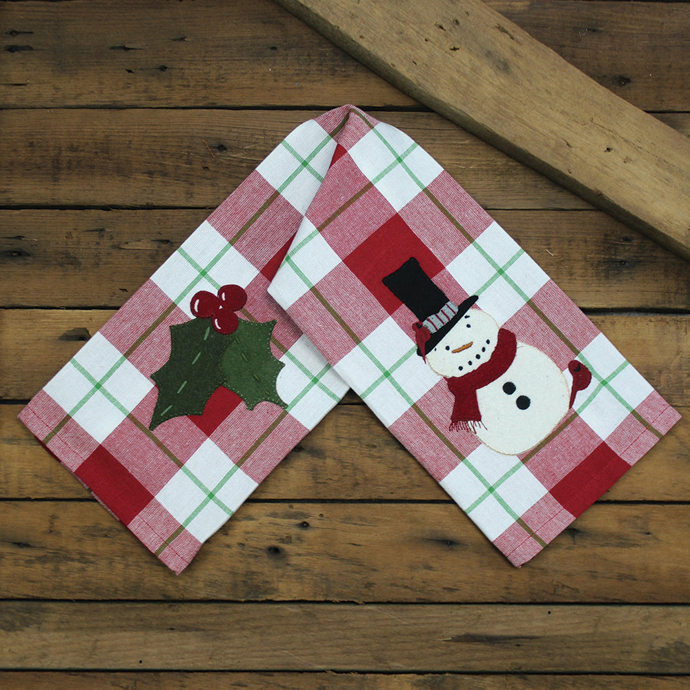 2 in 1 Christmas Buffalo Check Holly, SnowmanTTowel Towel - Interiors by Elizabeth