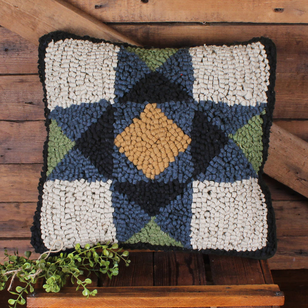 Blue Quilt Square Wool Hooked Pillow 14 In PL220127 - Interiors by Elizabeth