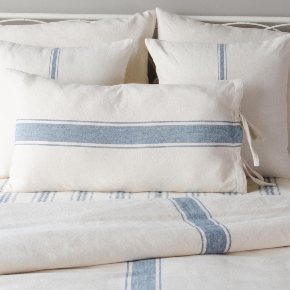 Colonial Blue-Cream Grain Sack Stripe Lumbar Pillow Cover - Interiors by Elizabeth