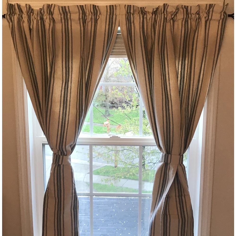 Grain Sack Stripe 72" x 63" (2 pcs) (pair of fabric tiebacks included) Cream - Colonial Blue - Interiors by Elizabeth