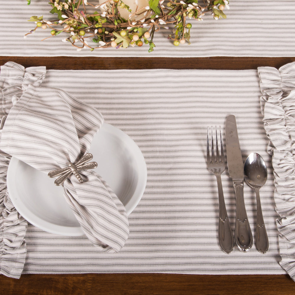 Grey Ticking Ruffle Placemat set of Six