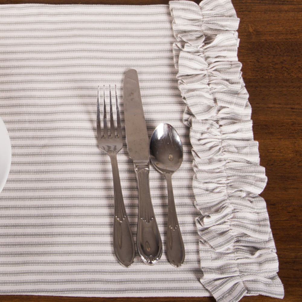 Grey Ticking Ruffle Placemat set of Six
