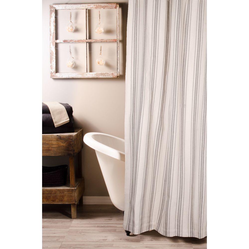 Grain Sack Stripe Pewter-Cream Shower Curtain - Interiors by Elizabeth