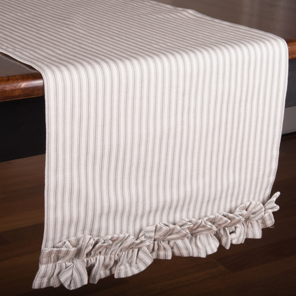Grey Ticking Ruffle Table Runner