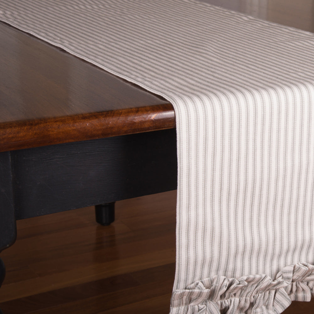 Grey Ticking Ruffle Table Runner