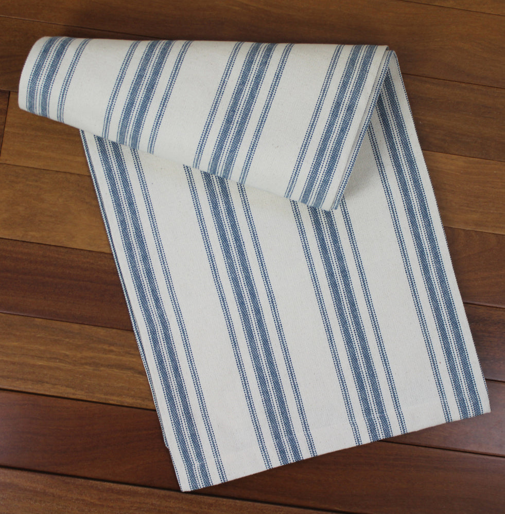 Grain Sack Stripe Cream - Colonial Blue Table Runner   - Interiors by Elizabeth