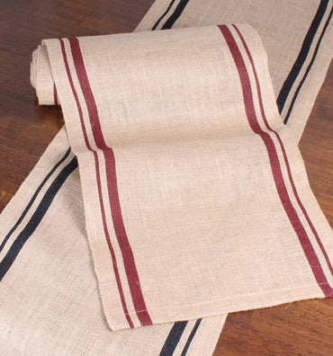 Burlap Stripe Red Barn Red Table Runner   - Interiors by Elizabeth