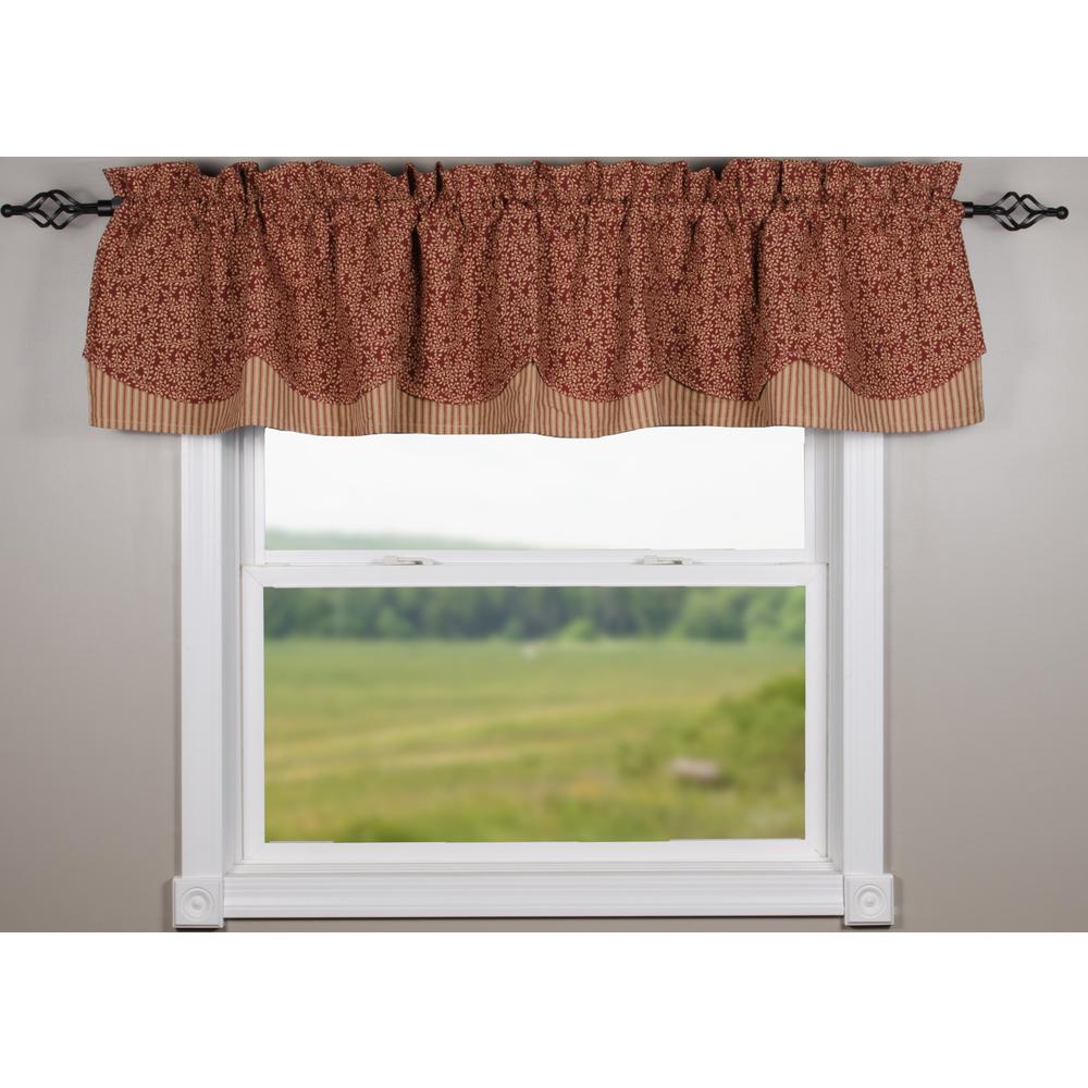Barn Red-Nutmeg Red Vine Print with Ticking Fairfield Valance - Lined - Interiors by Elizabeth